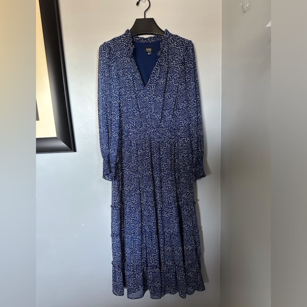 MSK Long Sleeve White Dot Tier Midi Dress 2X womens